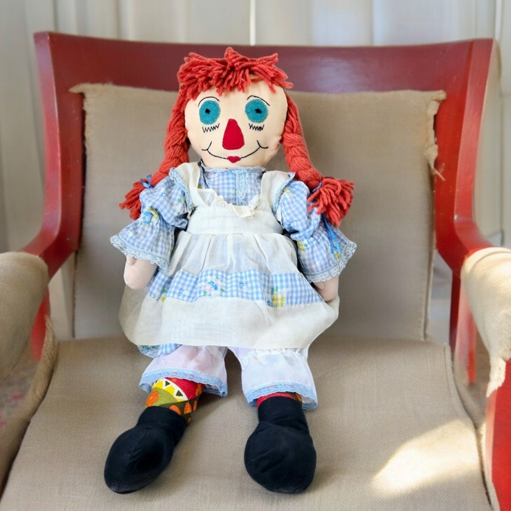 Vintage Handmade Raggedy Ann, Stitched Face Gingham Dress Country Primitive 24"